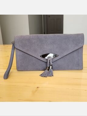 White House Black Market Envelope Clutch Wristlet Handbag Gray Suede